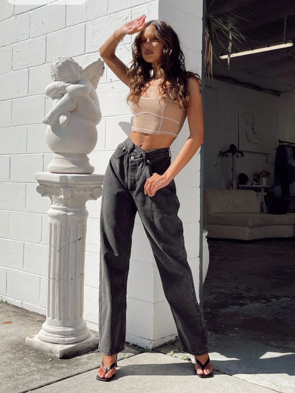 Princess Polly Holly jeans faded black button fly asymmetrical waist size 4 EUC